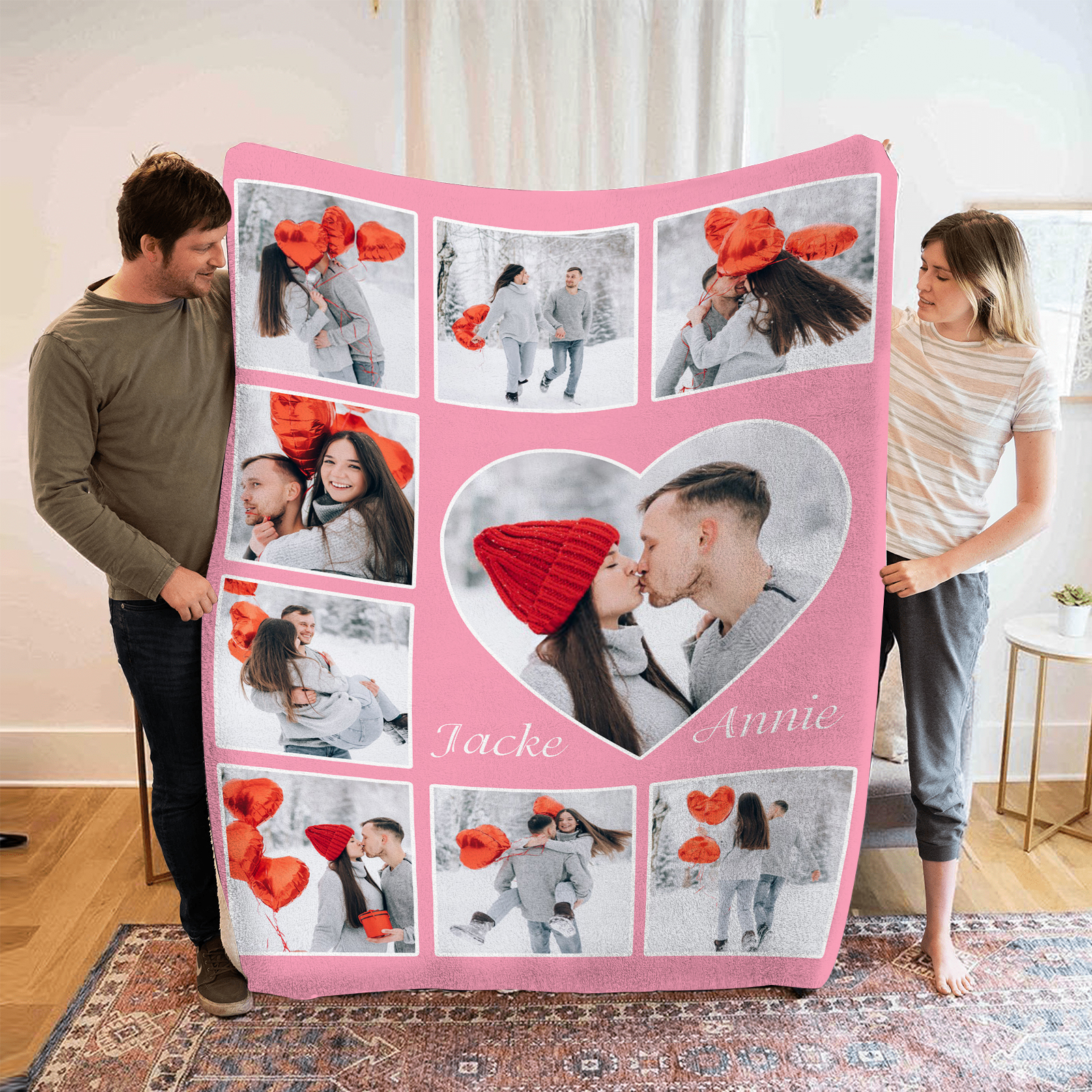 Personalisierte 9 Fotos & 2 Namen Flanell-Decke in 9 Farben erhältlich – Kuschelige Decke für Paar