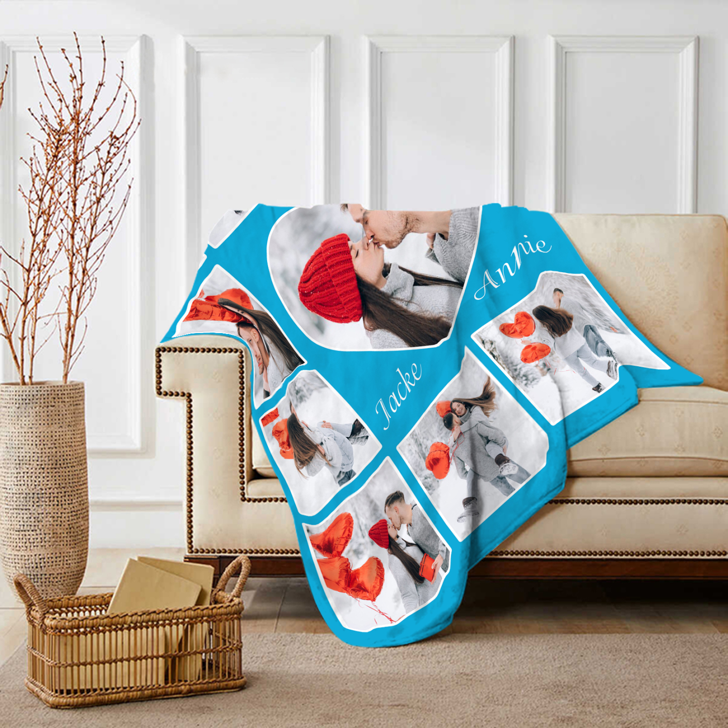 Personalisierte 9 Fotos & 2 Namen Flanell-Decke in 9 Farben erhältlich – Kuschelige Decke für Paar