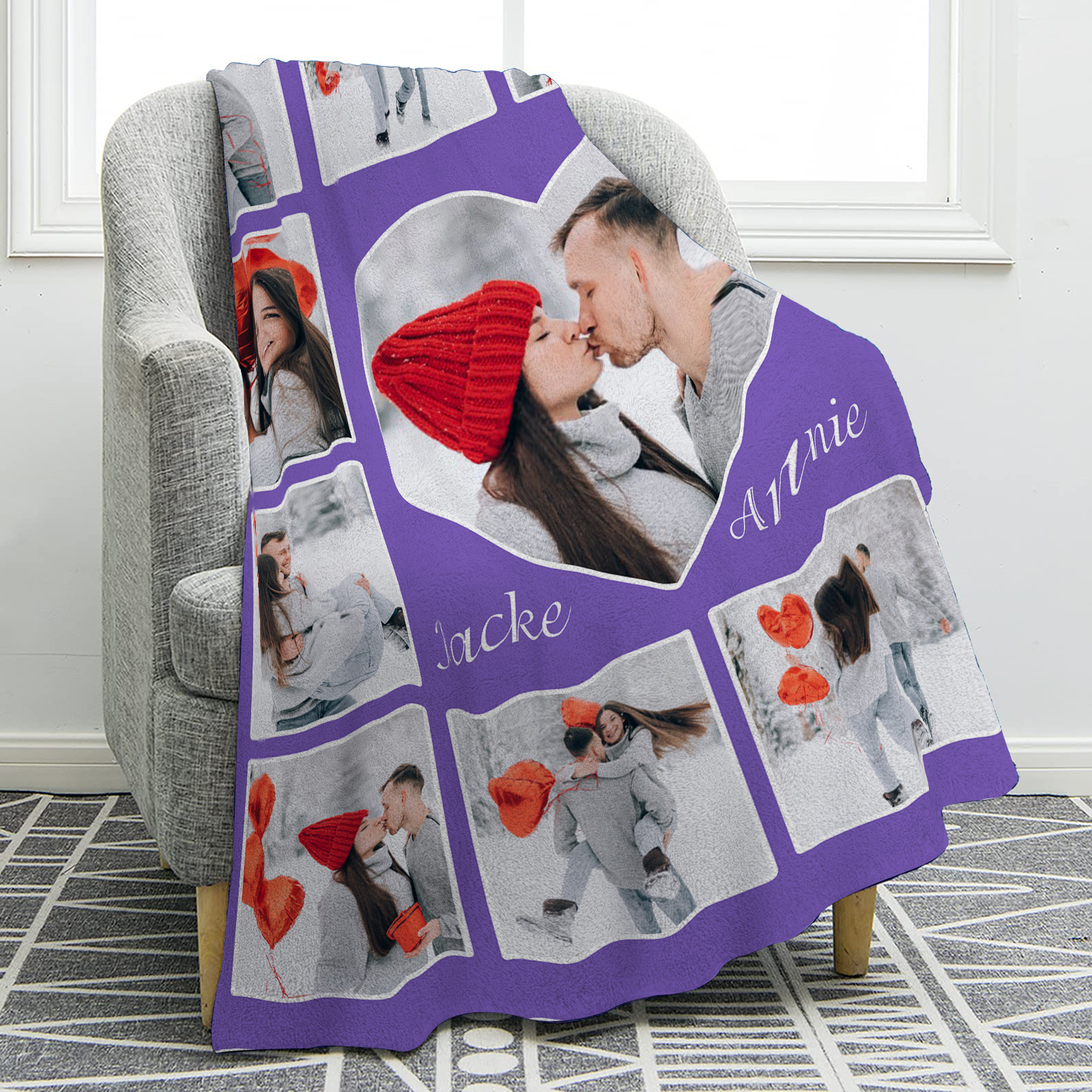 Personalisierte 9 Fotos & 2 Namen Flanell-Decke in 9 Farben erhältlich – Kuschelige Decke für Paar