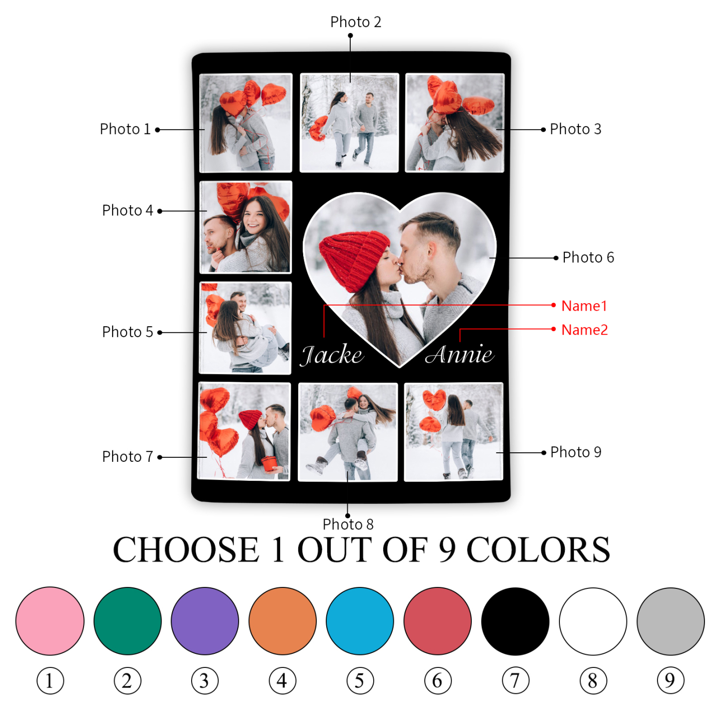 Personalisierte 9 Fotos & 2 Namen Flanell-Decke in 9 Farben erhältlich – Kuschelige Decke für Paar