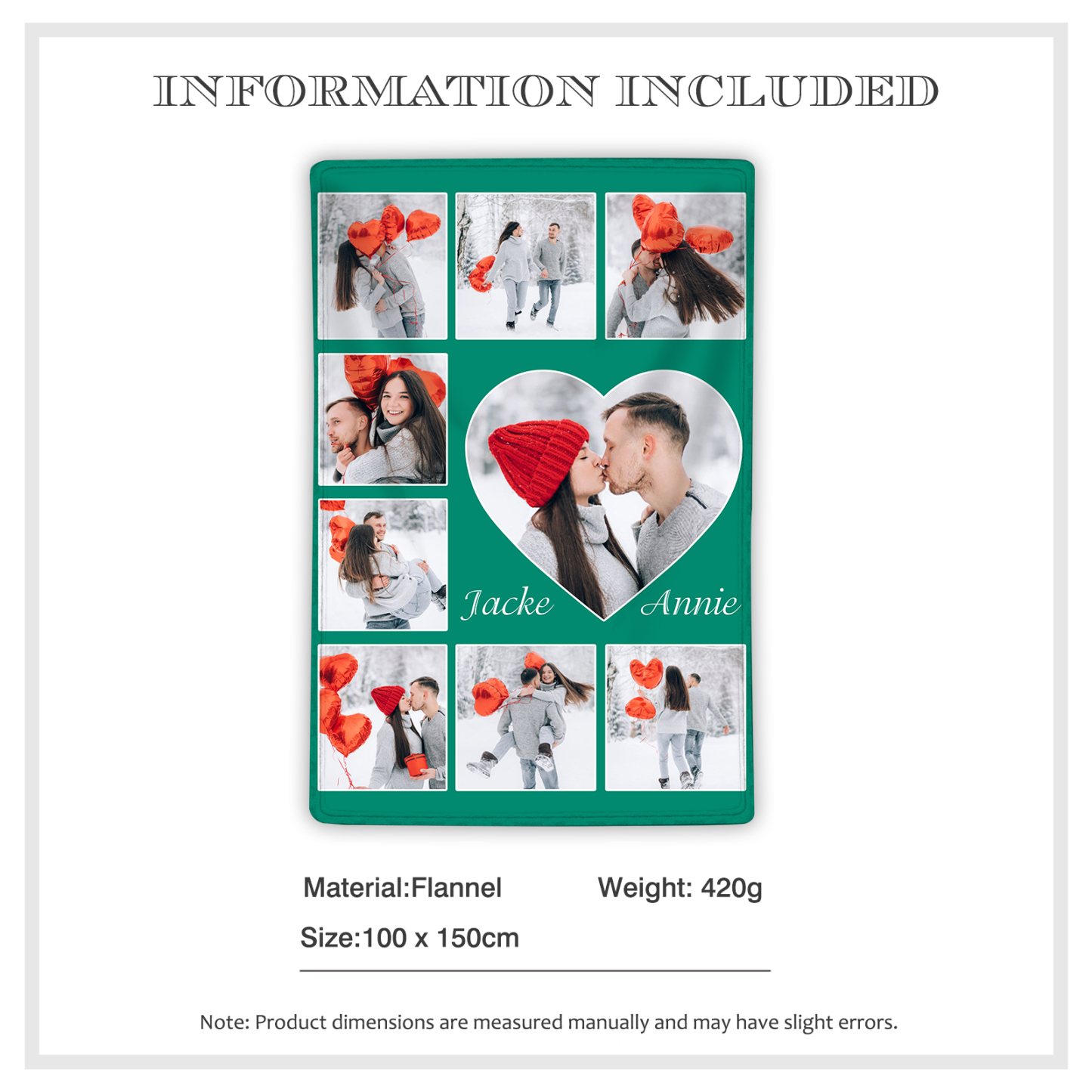 Personalisierte 9 Fotos & 2 Namen Flanell-Decke in 9 Farben erhältlich – Kuschelige Decke für Paar