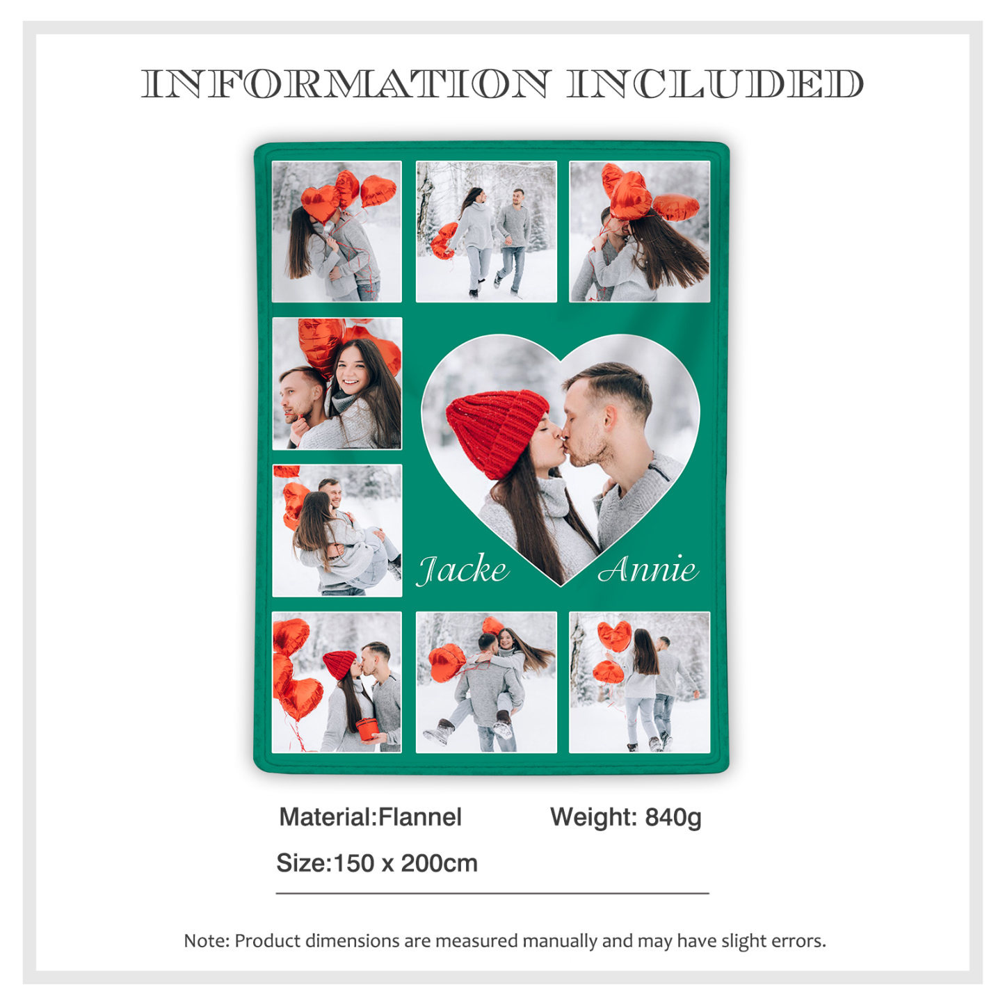 Personalisierte 9 Fotos & 2 Namen Flanell-Decke in 9 Farben erhältlich – Kuschelige Decke für Paar