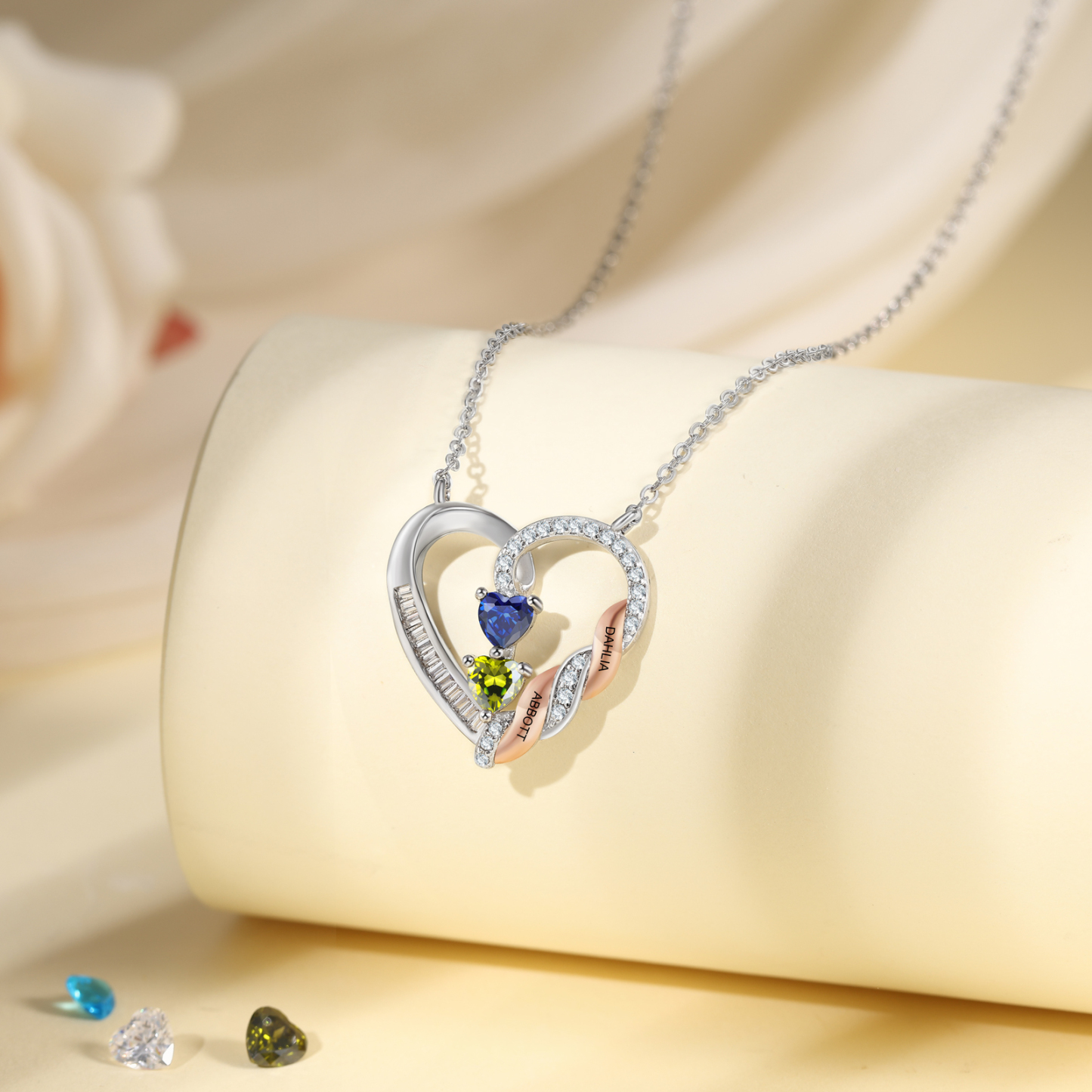 Personalisierte Herzkette mit 2–3 Geburtssteinen und Namen, Halskette