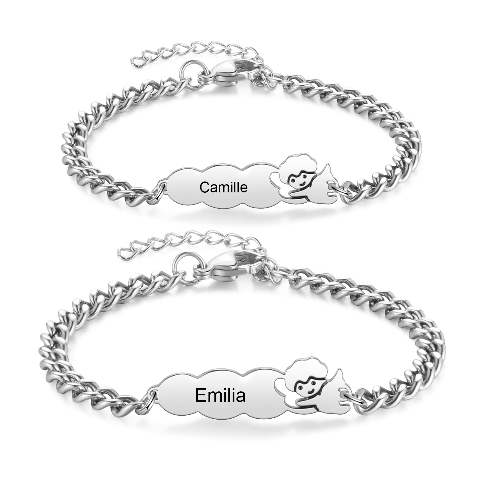 Personalisiertes Namensarmband mit Wunschnamen und Schutzengel‑auf‑Wolke‑Motiv