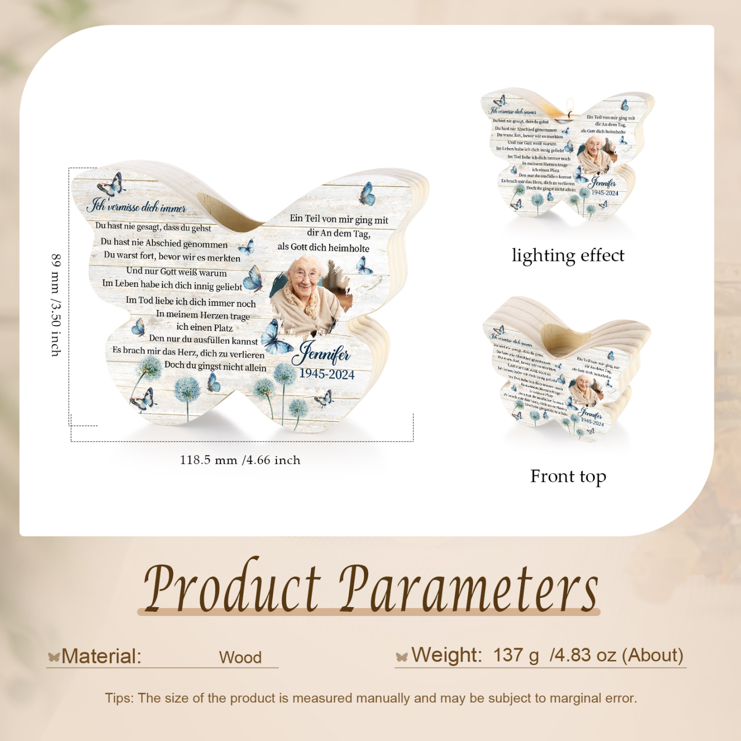 Personalisiertes 1 Foto & Name & Datum Kerzenhalter -Ich vermisse dich immer- Holzschmetterlings-Gedenk-Kerzenhalter
