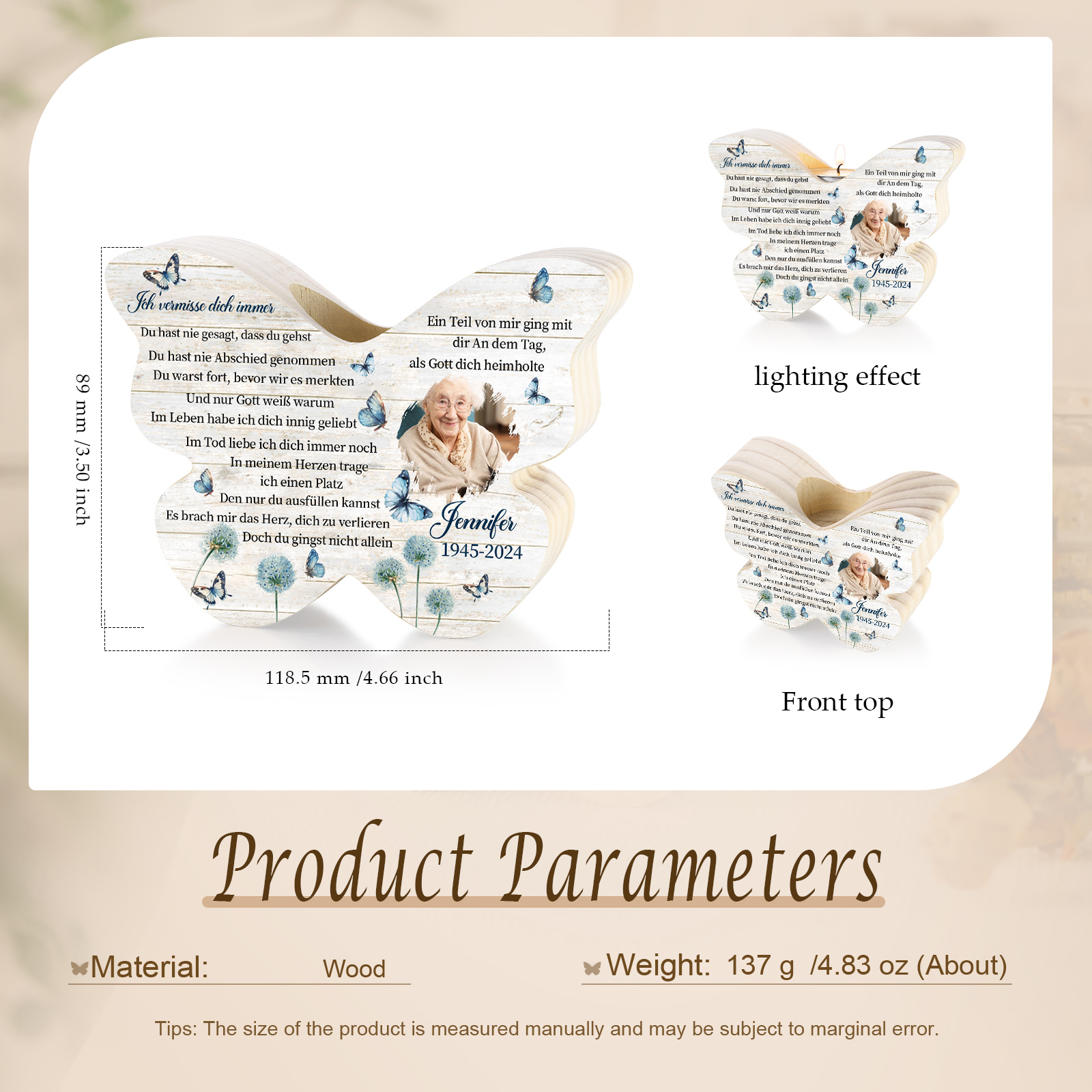 Personalisiertes 1 Foto & Name & Datum Kerzenhalter -Ich vermisse dich immer- Holzschmetterlings-Gedenk-Kerzenhalter