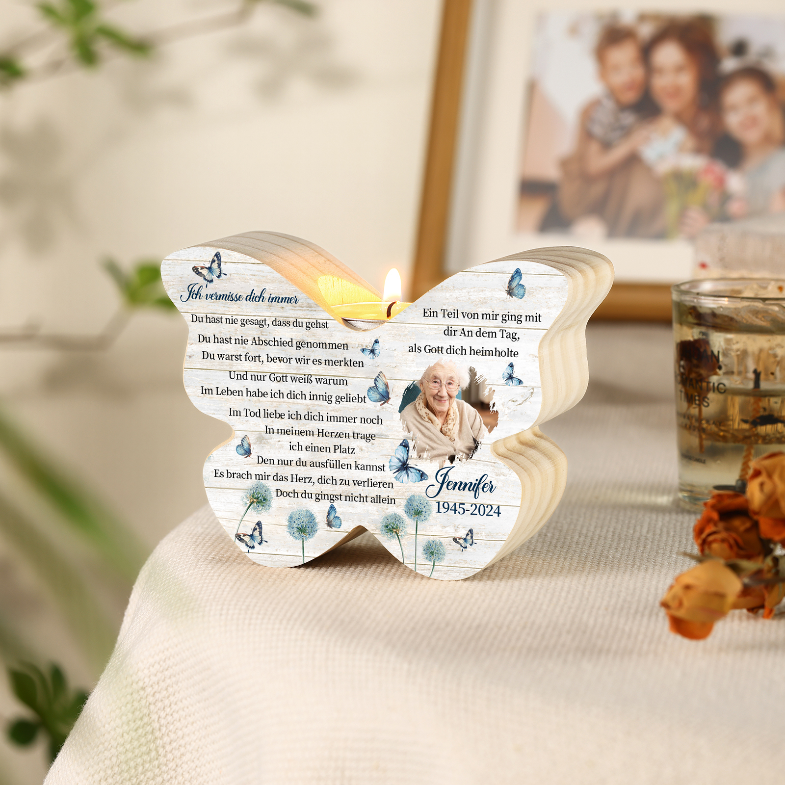 Personalisiertes 1 Foto & Name & Datum Kerzenhalter -Ich vermisse dich immer- Holzschmetterlings-Gedenk-Kerzenhalter