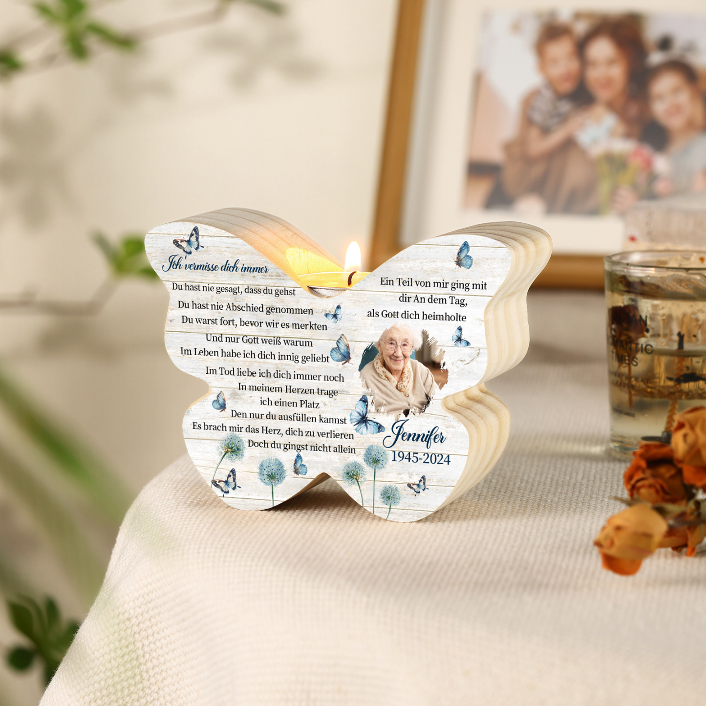 Personalisiertes 1 Foto & Name & Datum Kerzenhalter -Ich vermisse dich immer- Holzschmetterlings-Gedenk-Kerzenhalter