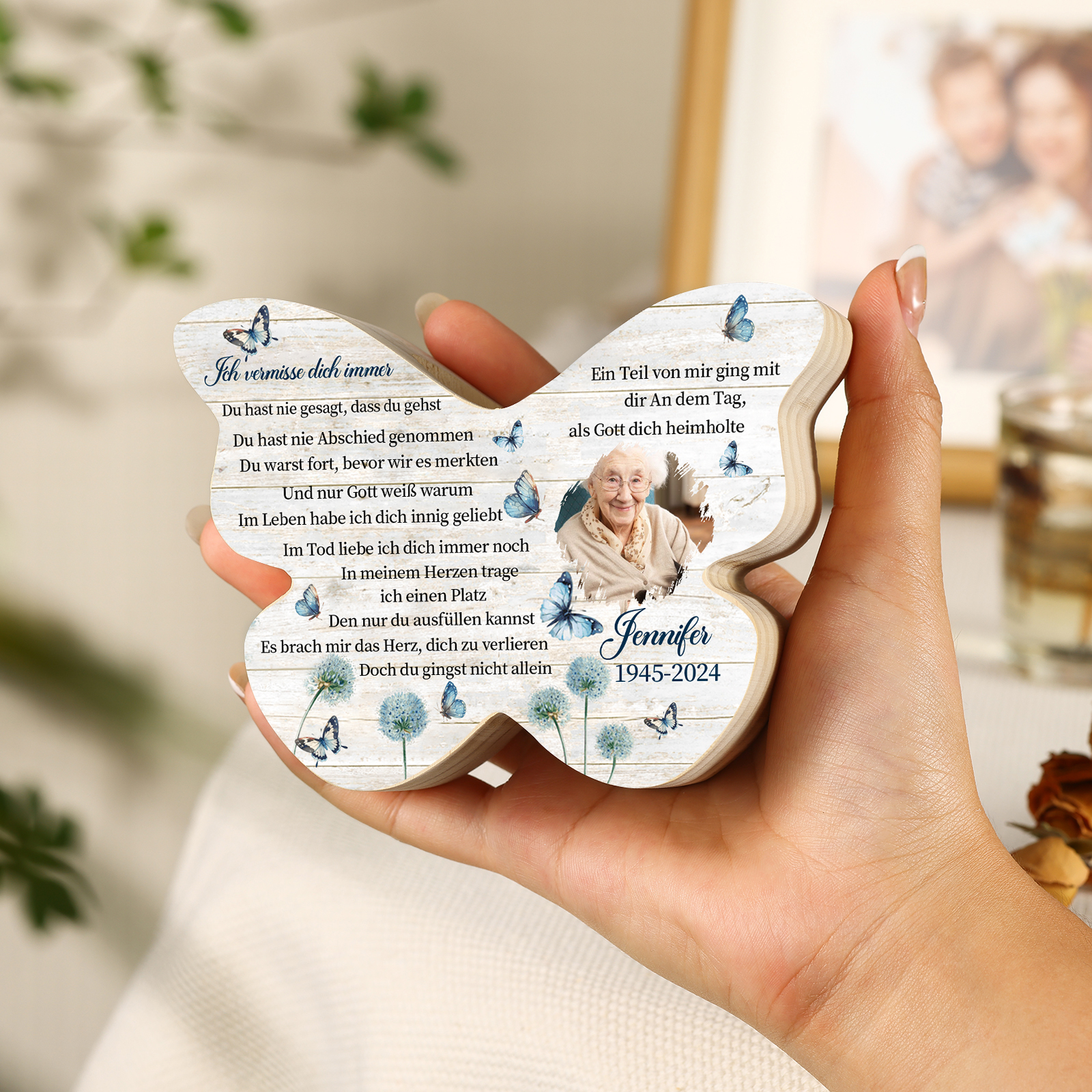 Personalisiertes 1 Foto & Name & Datum Kerzenhalter -Ich vermisse dich immer- Holzschmetterlings-Gedenk-Kerzenhalter
