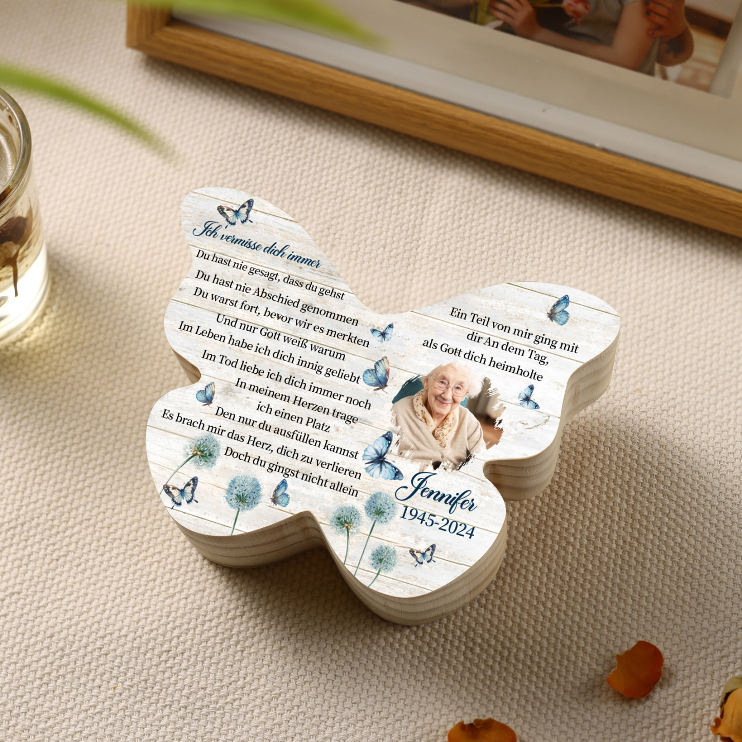 Personalisiertes 1 Foto & Name & Datum Kerzenhalter -Ich vermisse dich immer- Holzschmetterlings-Gedenk-Kerzenhalter