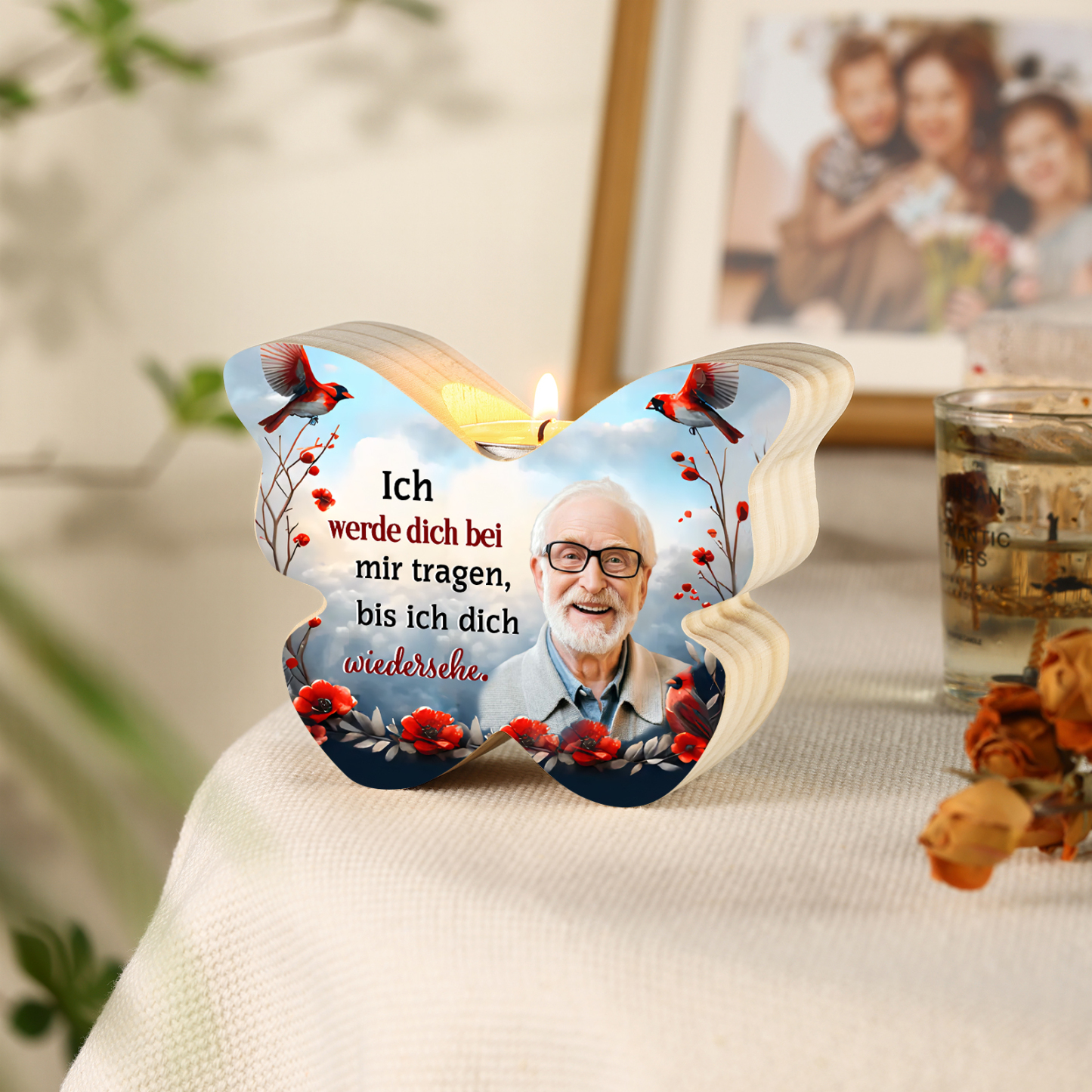 Personalisiertes 1 Foto Schmetterling-Kerzenhalter -Ich werde dich bei mir tragen, bis ich dich wiedersehe- Holz Gedenk-Kerzenhalter