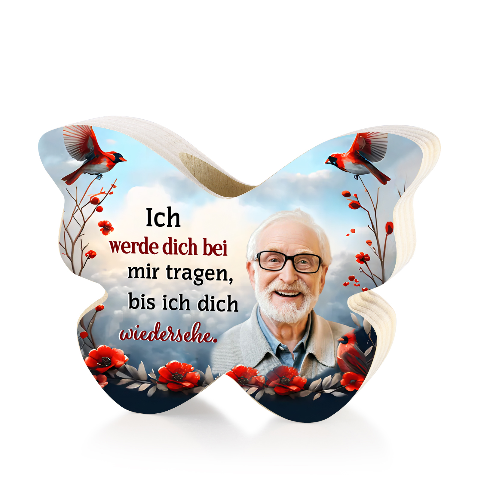 Personalisiertes 1 Foto Schmetterling-Kerzenhalter -Ich werde dich bei mir tragen, bis ich dich wiedersehe- Holz Gedenk-Kerzenhalter