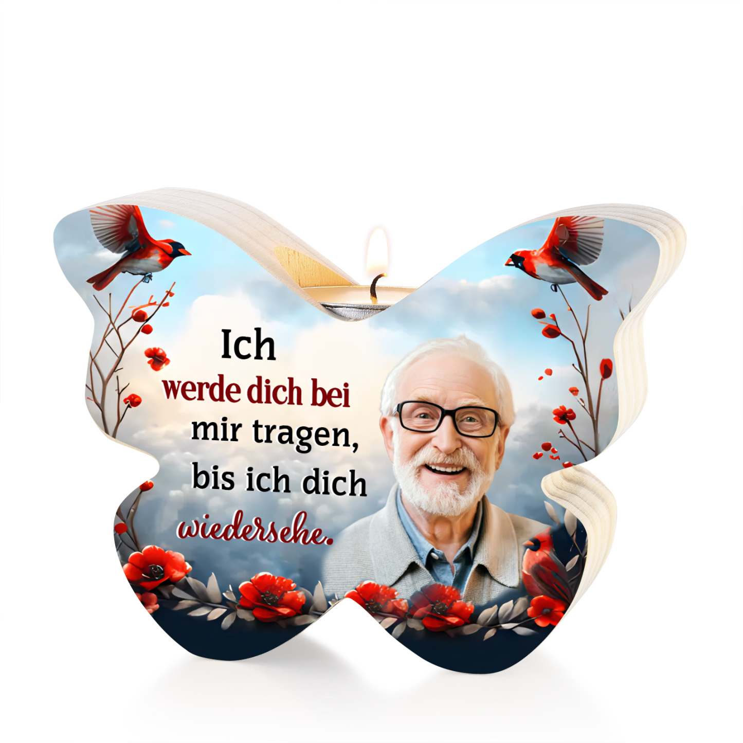 Personalisiertes 1 Foto Schmetterling-Kerzenhalter -Ich werde dich bei mir tragen, bis ich dich wiedersehe- Holz Gedenk-Kerzenhalter