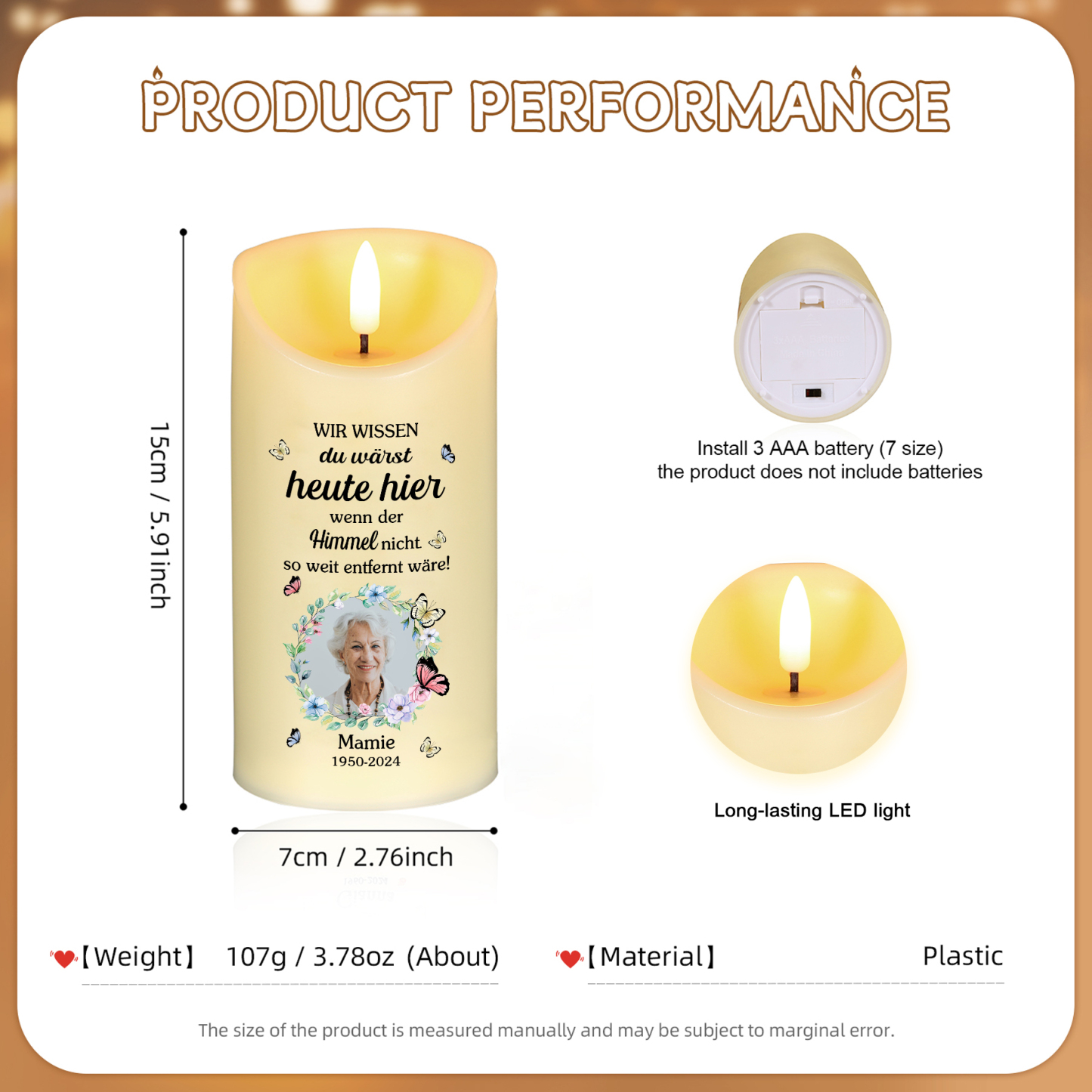 Personalisierbarer 1 Name & Foto & Datum LED-Gedenk-Kerze – Ewige Erinnerungen lebendig halten