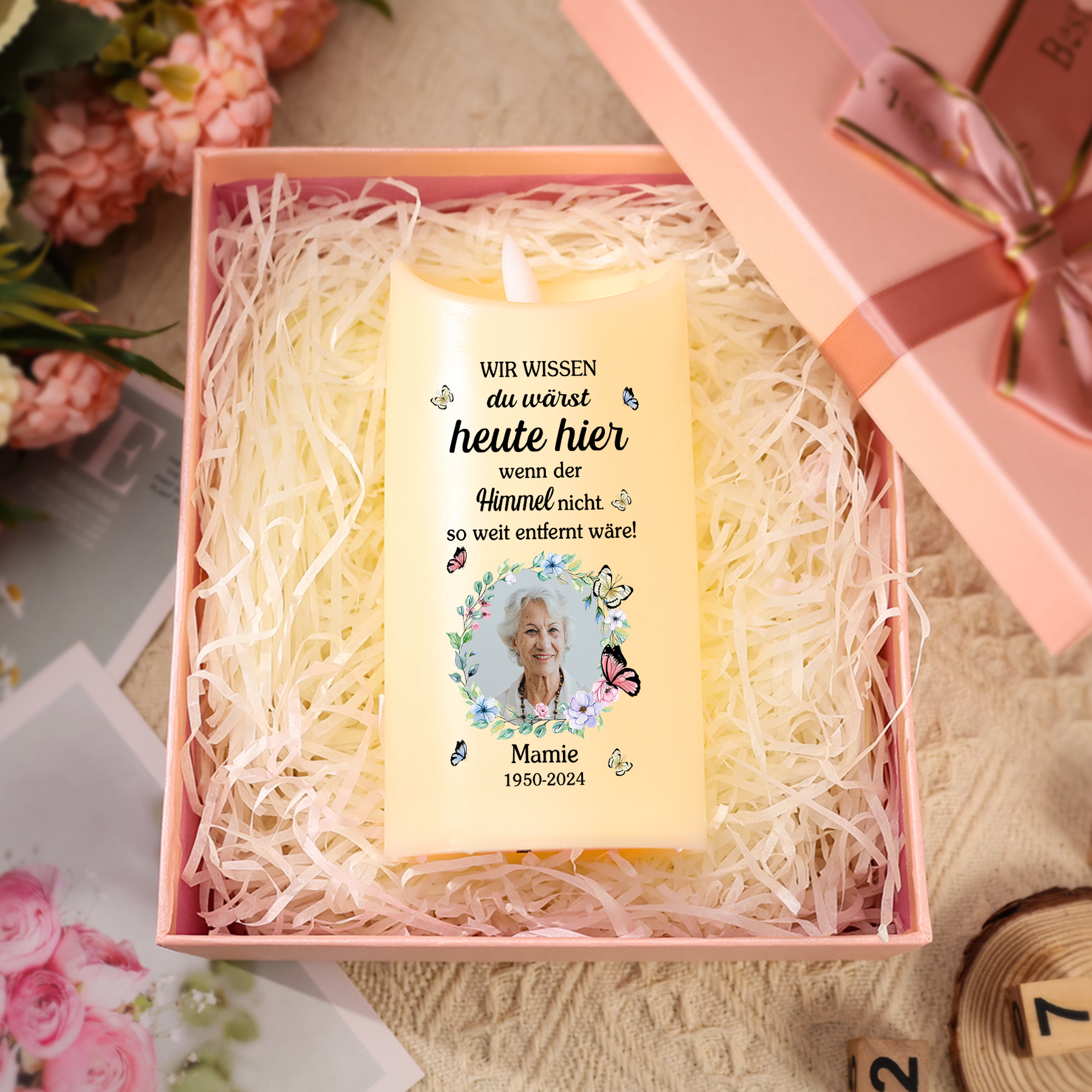 Personalisierbarer 1 Name & Foto & Datum LED-Gedenk-Kerze – Ewige Erinnerungen lebendig halten