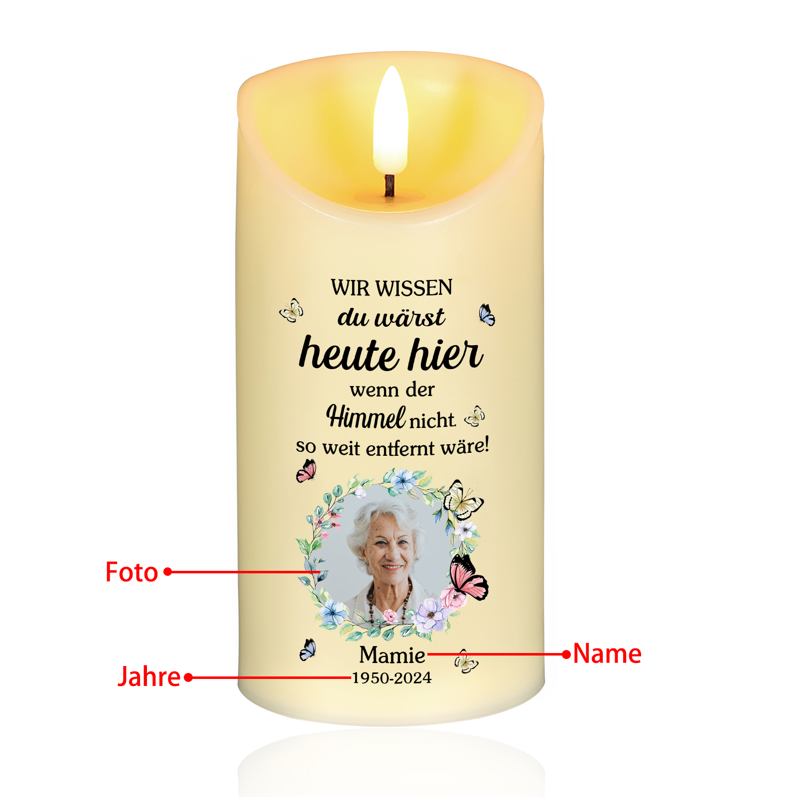 Personalisierbarer 1 Name & Foto & Datum LED-Gedenk-Kerze – WIR WISSEN du wärst heute hier, wenn der Himmel nicht so weit entfernt wäre!