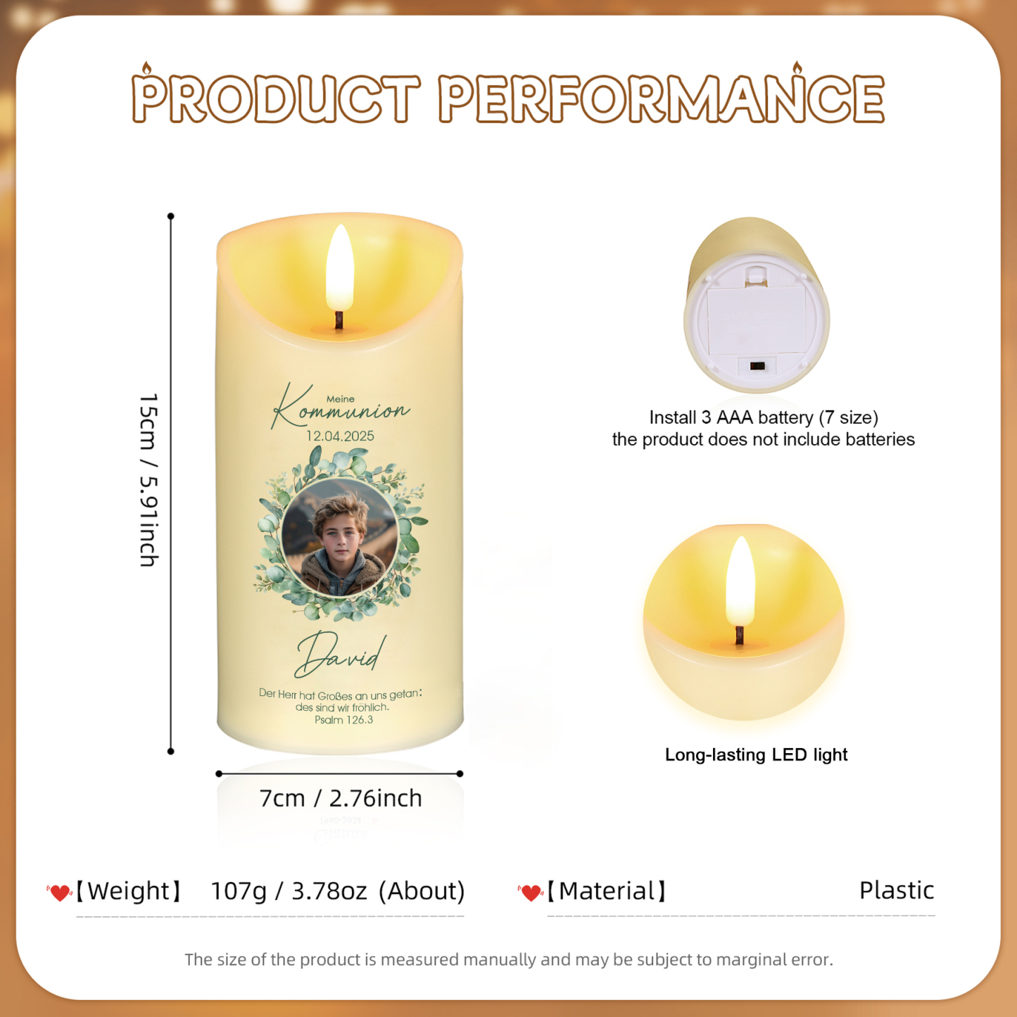 Personalisierter 1 Name & Datum & Foto & Text Led Kerze-zur Konfirmation/Kommunion-Geschenk für Sohn/Tochter