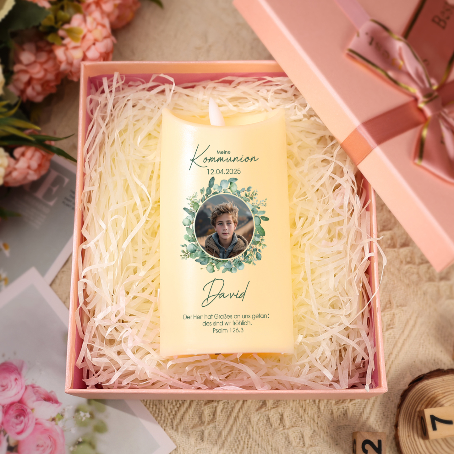 Personalisierter 1 Name & Datum & Foto & Text Led Kerze-zur Konfirmation/Kommunion-Geschenk für Sohn/Tochter