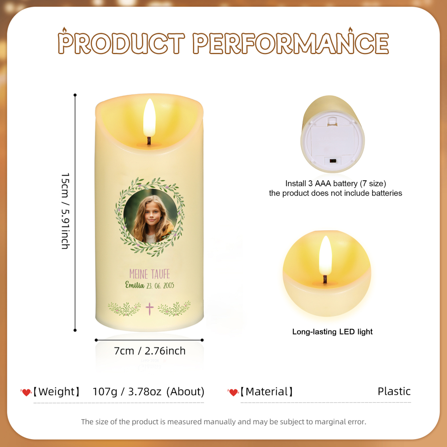 Personalisierter 1 Name & Datum & Foto & Text Led Kerze-zur Konfirmation/Kommunion-Geschenk für Sohn/Tochter