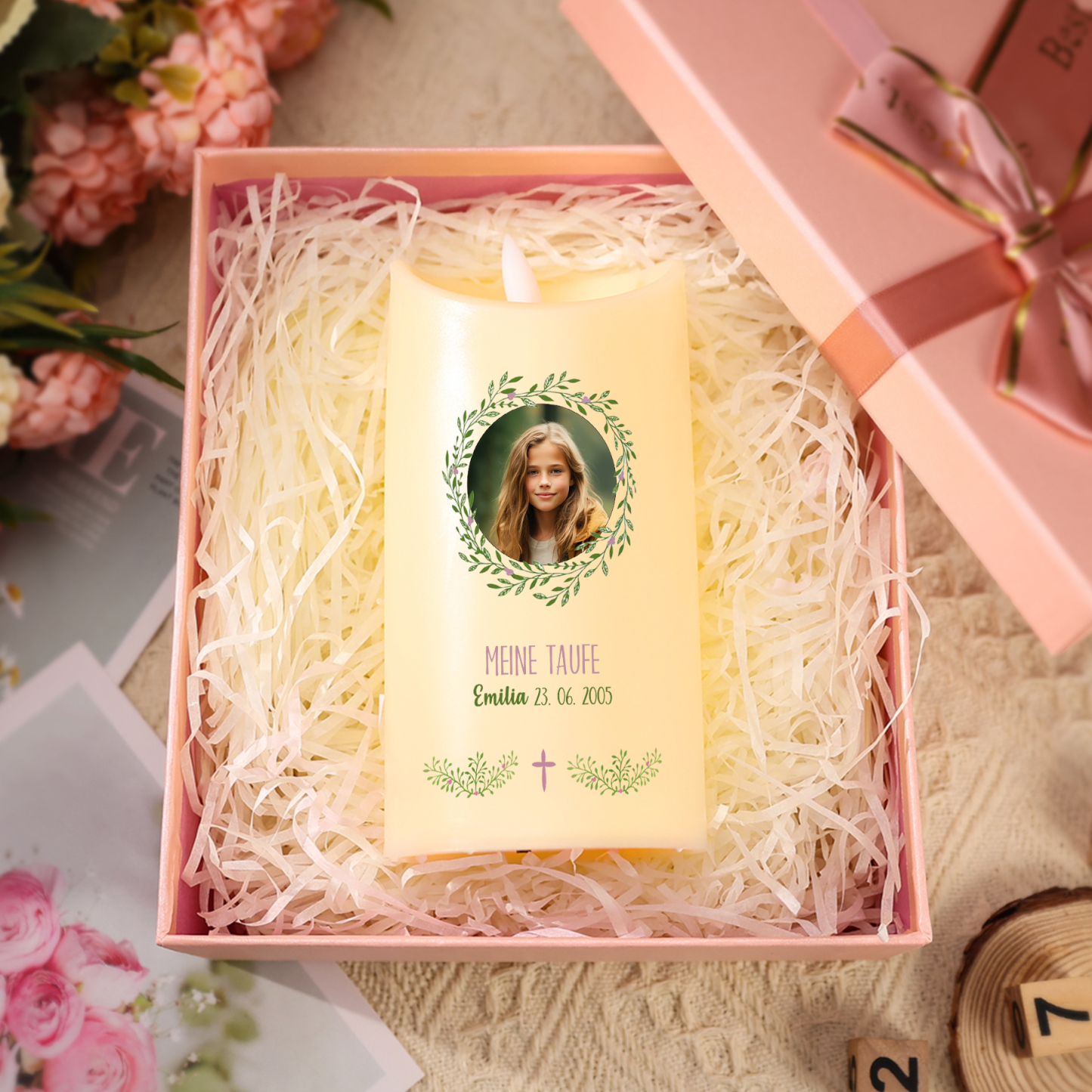 Personalisierter 1 Name & Datum & Foto & Text Led Kerze-zur Konfirmation/Kommunion-Geschenk für Sohn/Tochter