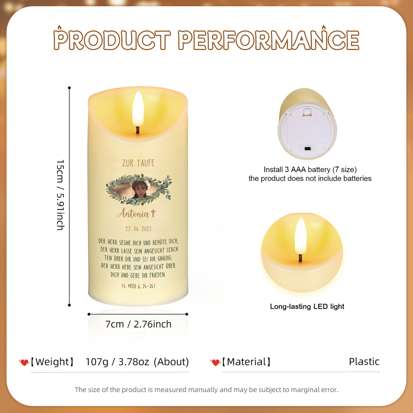 Personalisierter 1 Name & Datum & Foto & 2 Texte Led Kerze-zur Konfirmation/Kommunion-Geschenk für Sohn/Tochter