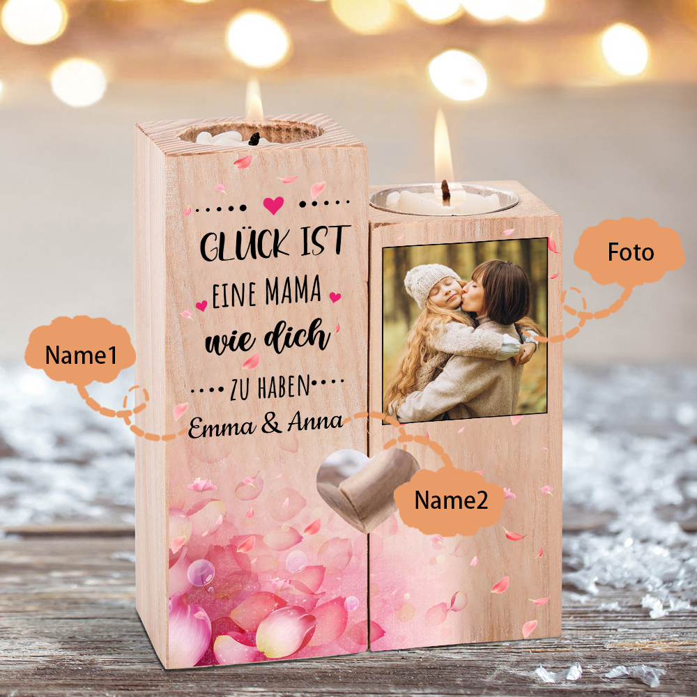 Personalisierbarer Foto & 2 Namen an MAMA Kerzenhalter " Glück ist eine MAMA wie dich zu haben “