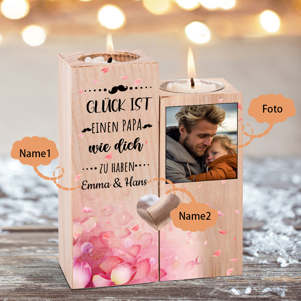 Personalisierbarer Foto & 2 Namen an PAPA Kerzenhalter " Glück ist einen PAPA wie dich zu haben “