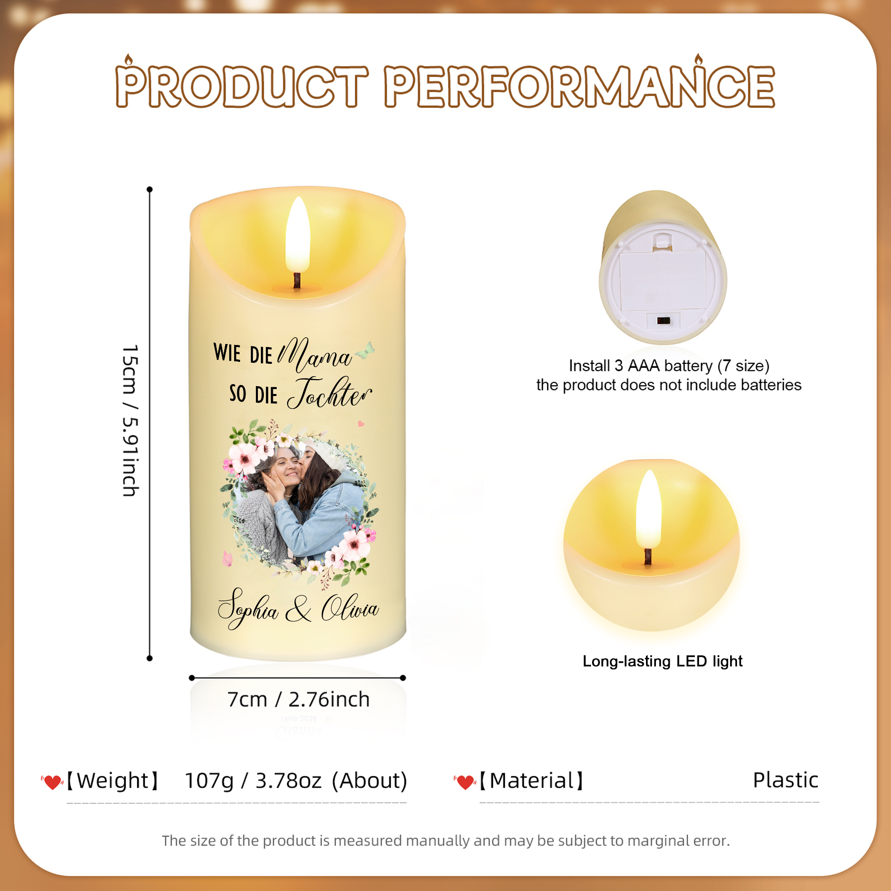 Personalisierbare LED-Kerze mit 2 Namen & Foto- Wie die Mutter, So die Tochter- Geschenk für Mama