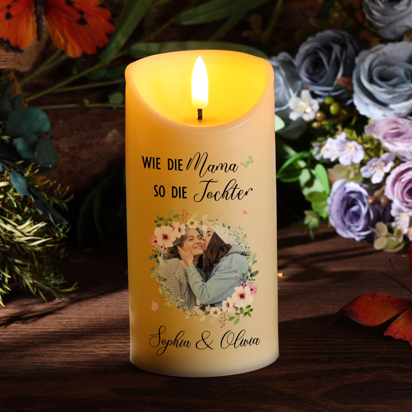 Personalisierbare LED-Kerze mit 2 Namen & Foto- Wie die Mutter, So die Tochter- Geschenk für Mama