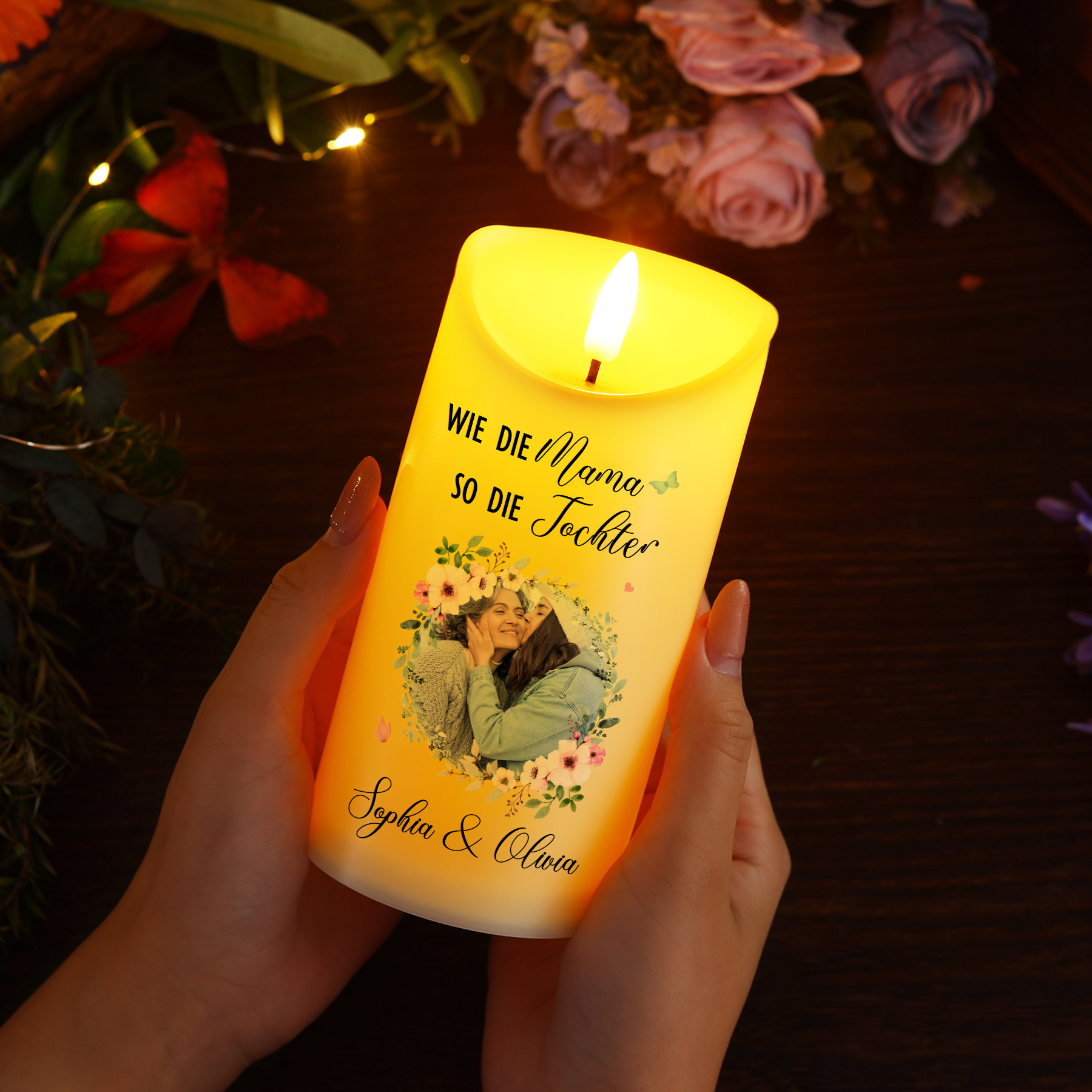 Personalisierbare LED-Kerze mit 2 Namen & Foto- Wie die Mutter, So die Tochter- Geschenk für Mama