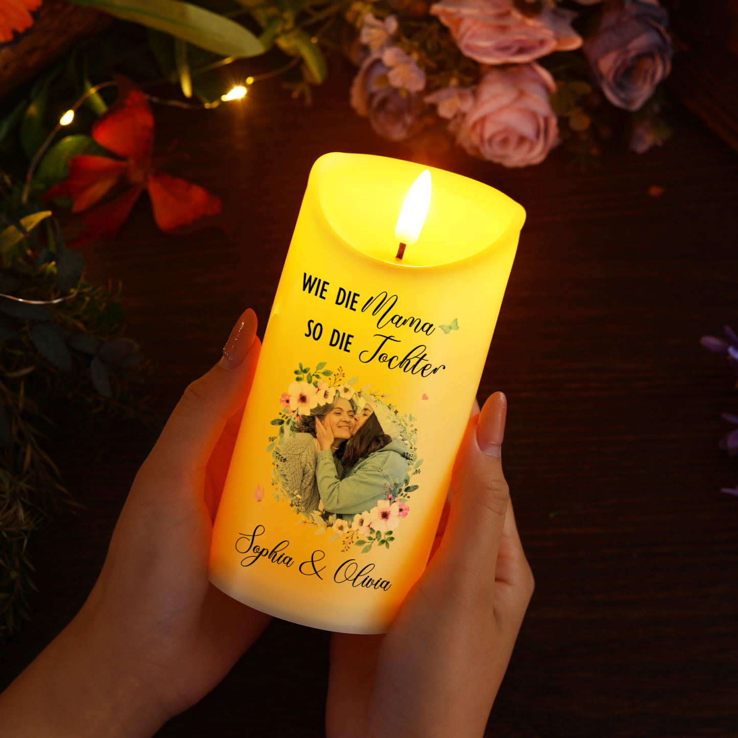 Personalisierbare LED-Kerze mit 2 Namen & Foto- Wie die Mutter, So die Tochter- Geschenk für Mama