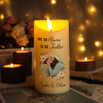 Personalisierbare LED-Kerze mit 2 Namen & Foto- Wie die Mutter, So die Tochter- Geschenk für Mama