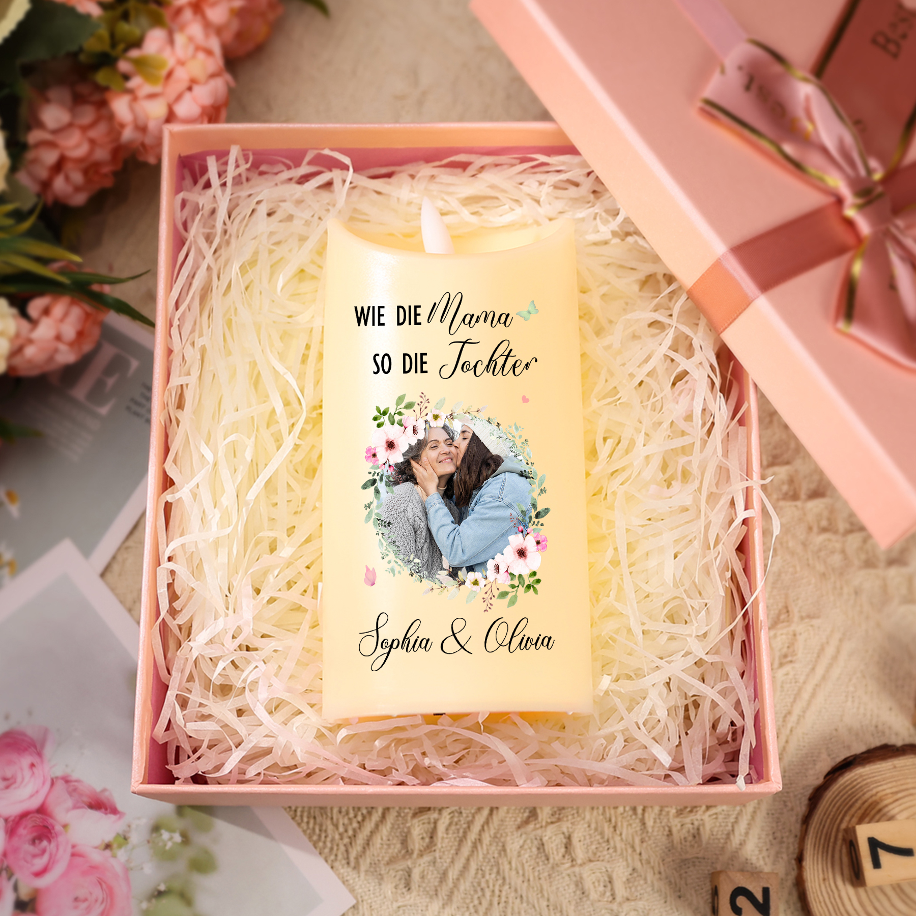 Personalisierbare LED-Kerze mit 2 Namen & Foto- Wie die Mutter, So die Tochter- Geschenk für Mama