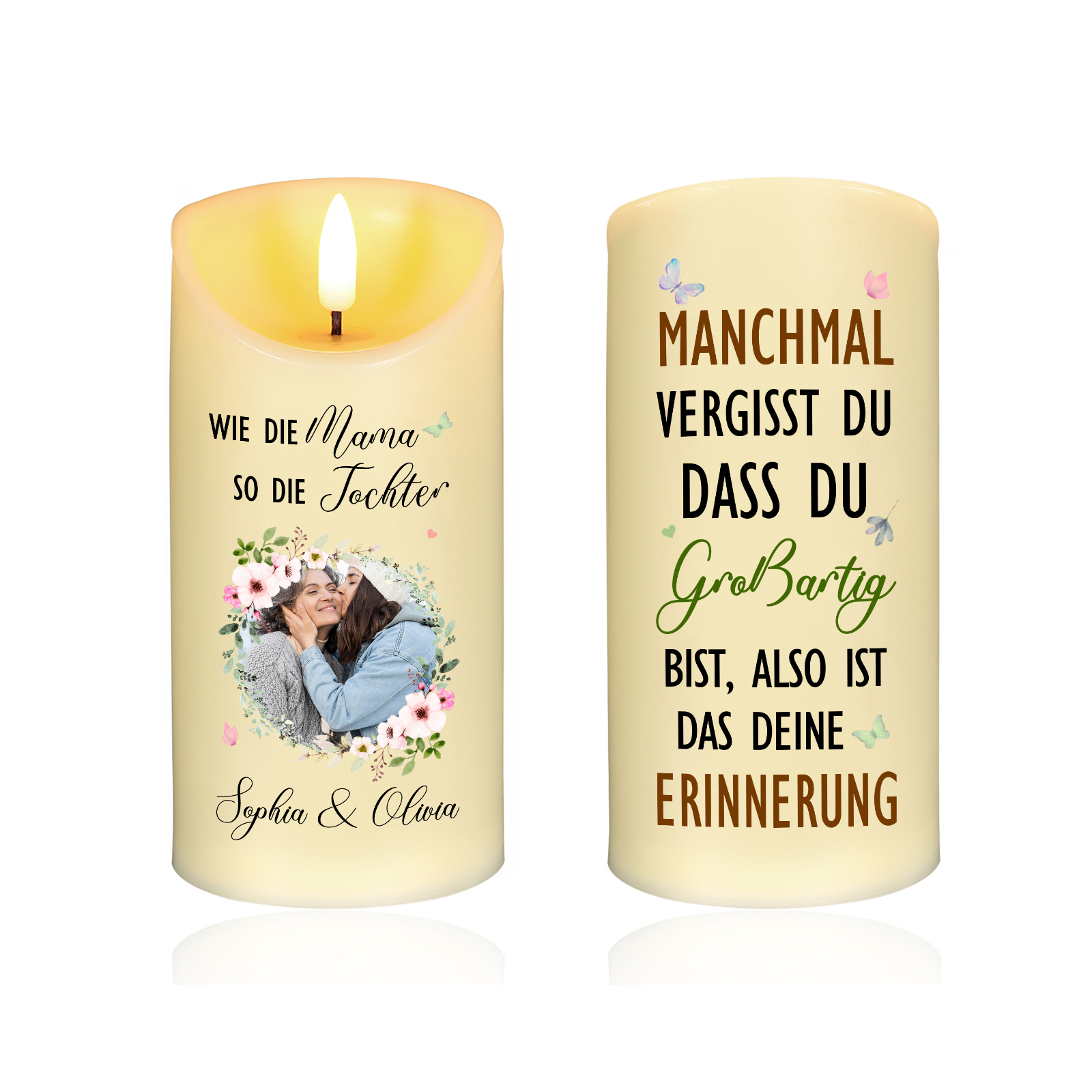 Personalisierbare LED-Kerze mit 2 Namen & Foto- Wie die Mutter, So die Tochter- Geschenk für Mama