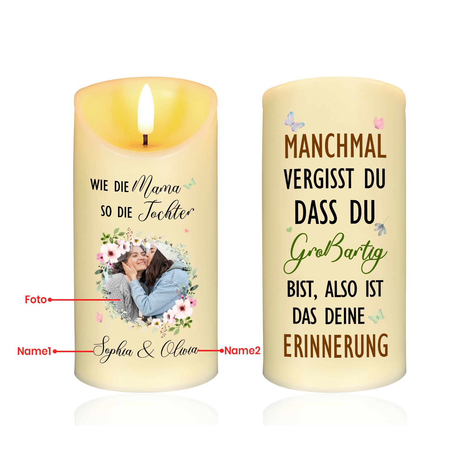Personalisierbare LED-Kerze mit 2 Namen & Foto- Wie die Mutter, So die Tochter- Geschenk für Mama