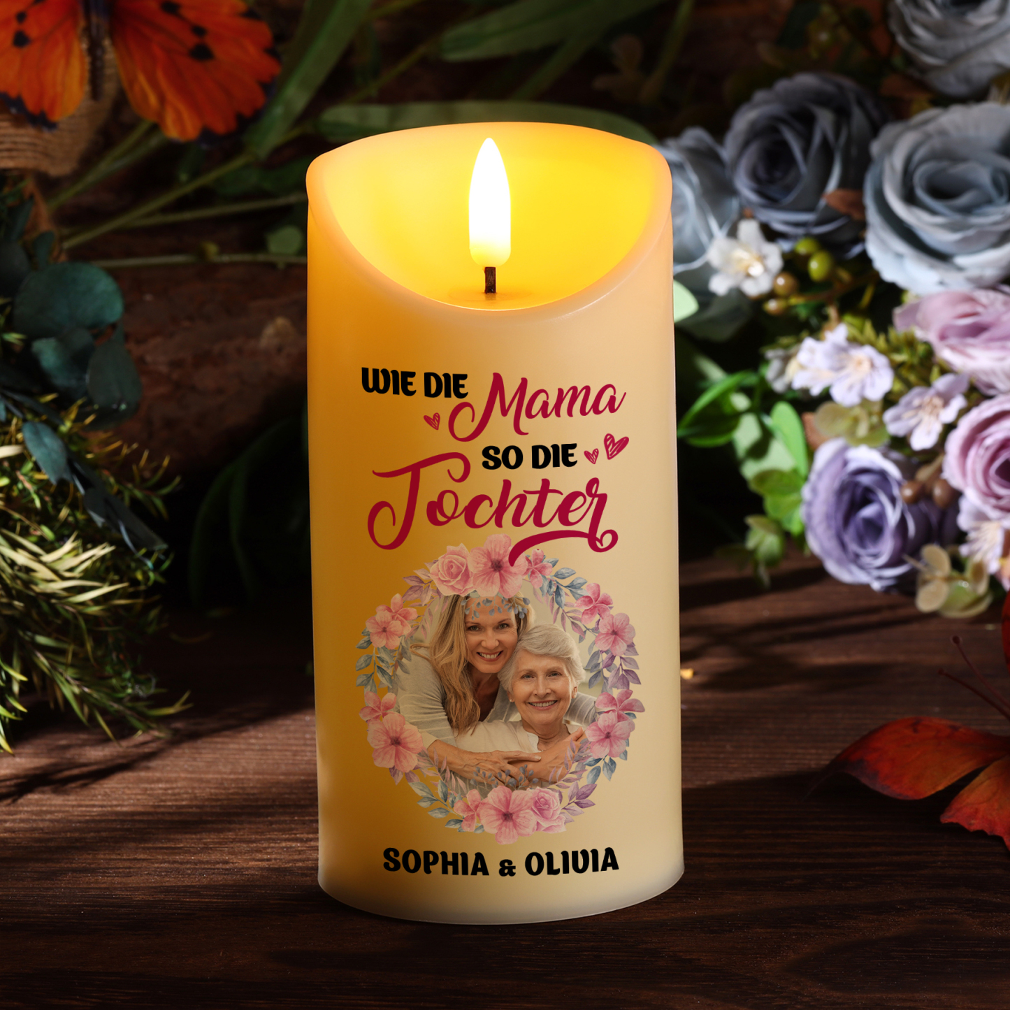 Personalisierbare LED-Kerze mit 2 Namen & Foto- Wie die Mutter, So die Tochter- Geschenk für Mama