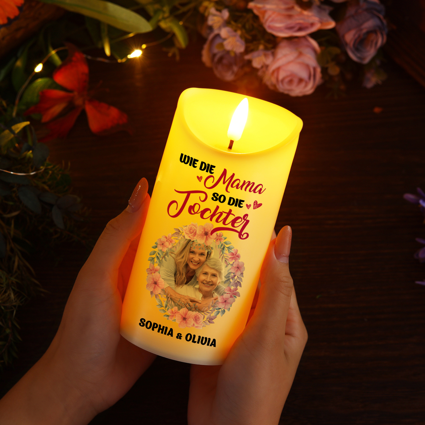 Personalisierbare LED-Kerze mit 2 Namen & Foto- Wie die Mutter, So die Tochter- Geschenk für Mama