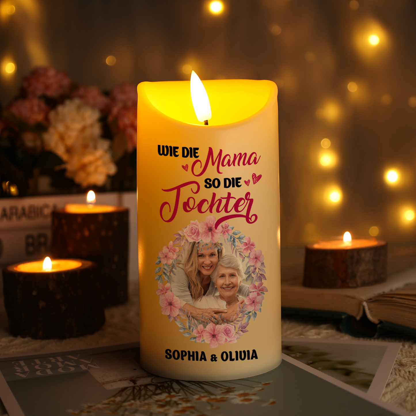 Personalisierbare LED-Kerze mit 2 Namen & Foto- Wie die Mutter, So die Tochter- Geschenk für Mama