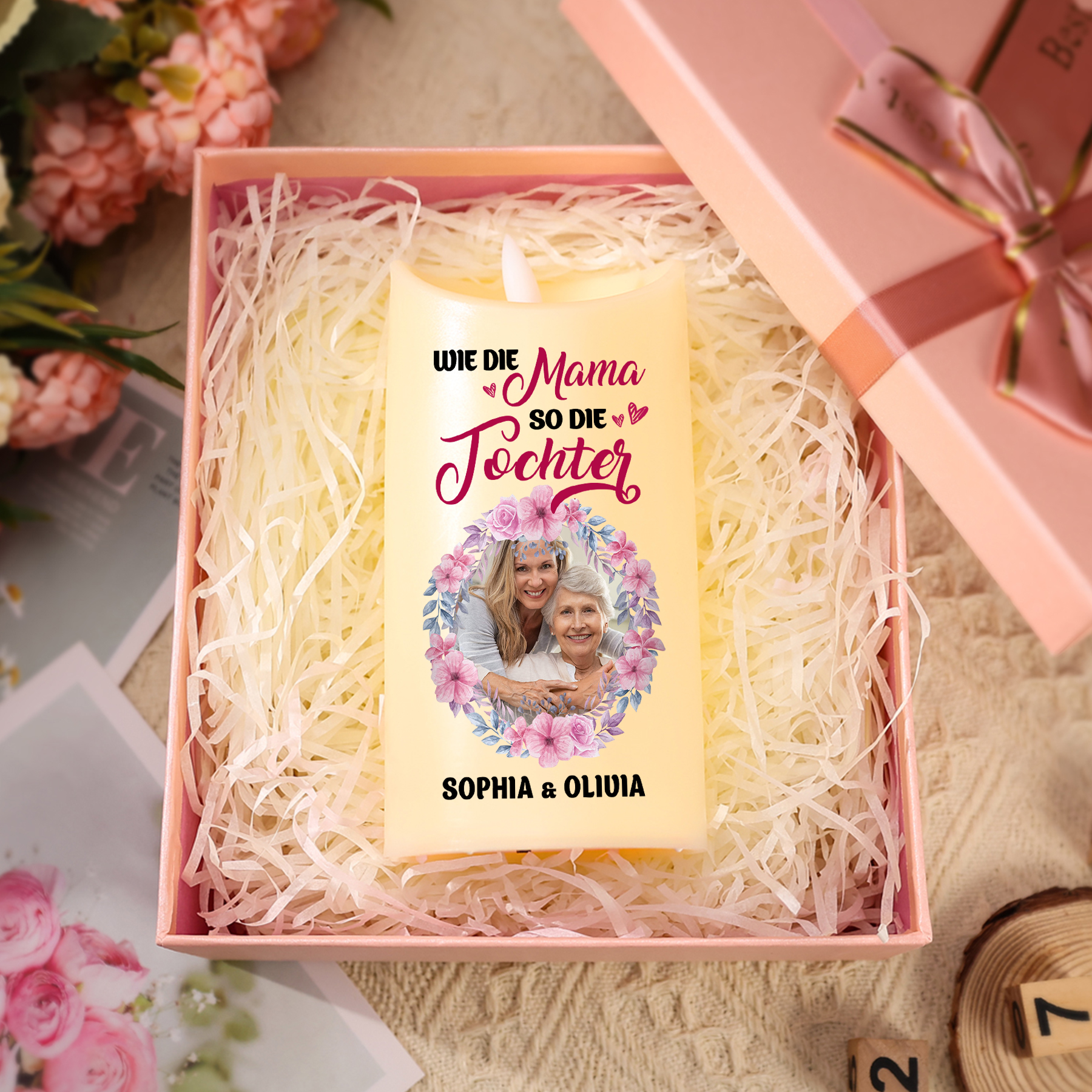 Personalisierbare LED-Kerze mit 2 Namen & Foto- Wie die Mutter, So die Tochter- Geschenk für Mama