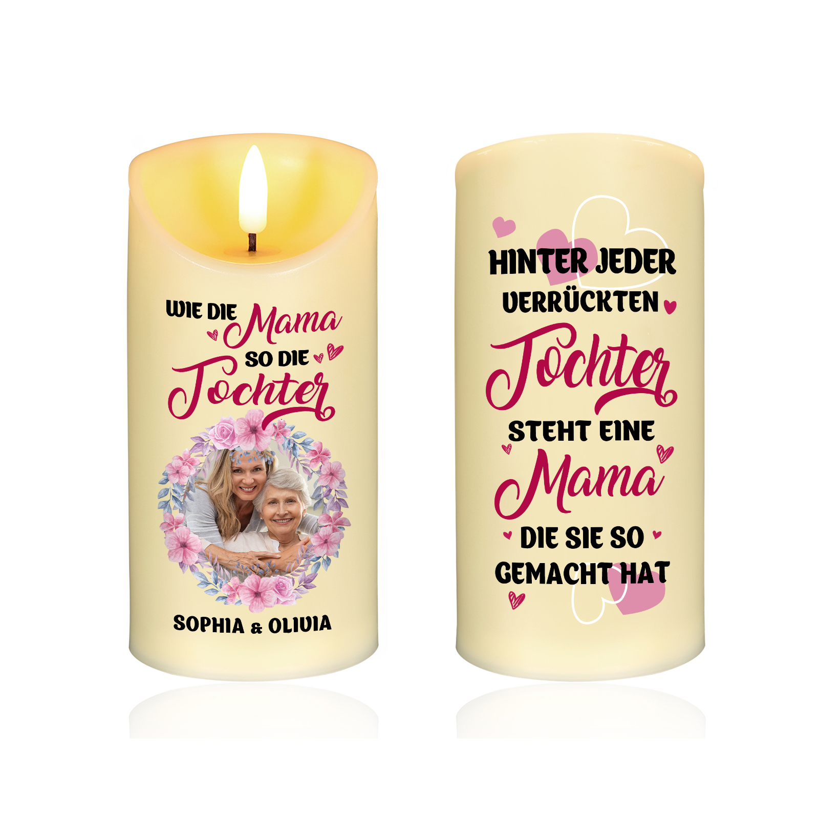 Personalisierbare LED-Kerze mit 2 Namen & Foto- Wie die Mutter, So die Tochter- Geschenk für Mama