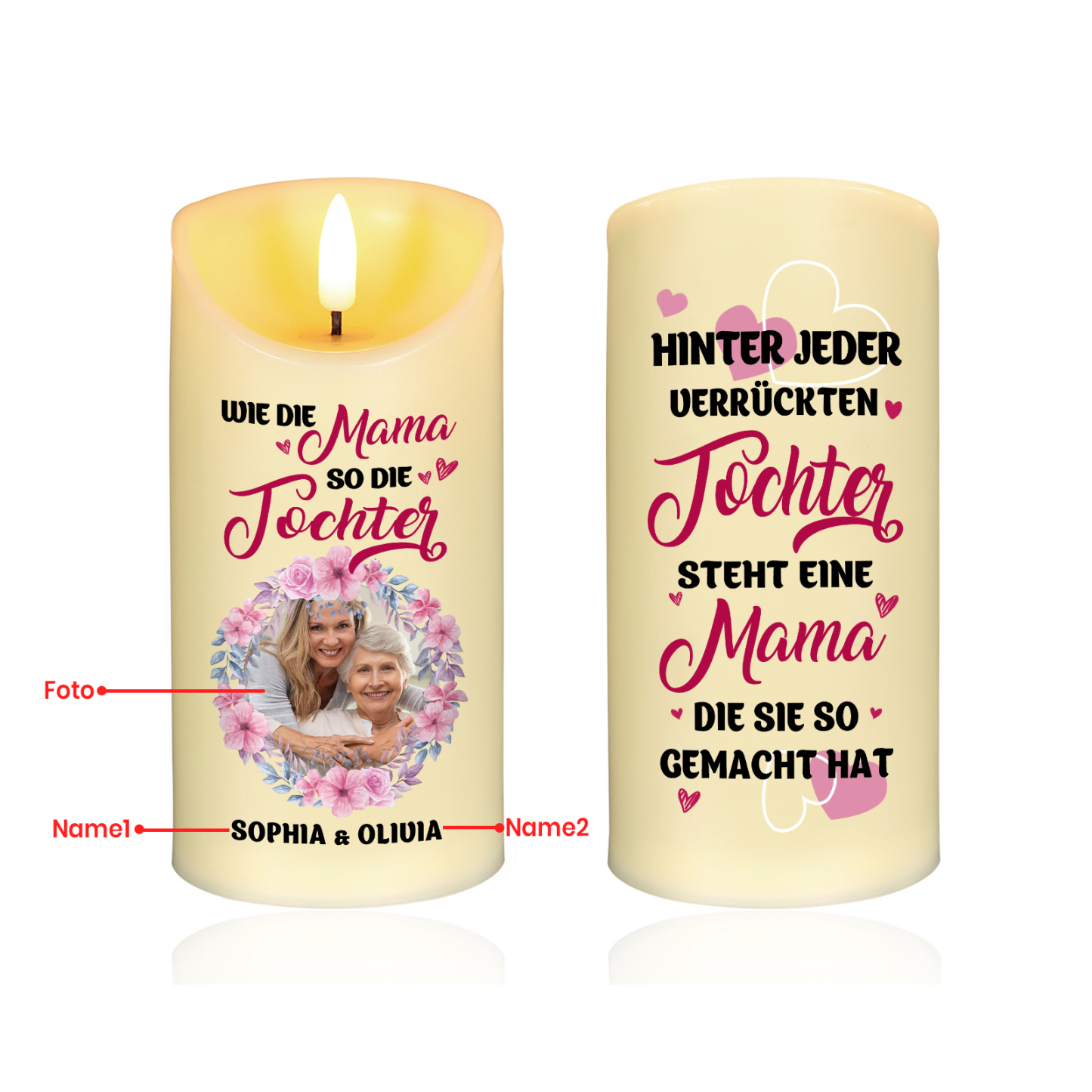 Personalisierbare LED-Kerze mit 2 Namen & Foto- Wie die Mutter, So die Tochter- Geschenk für Mama