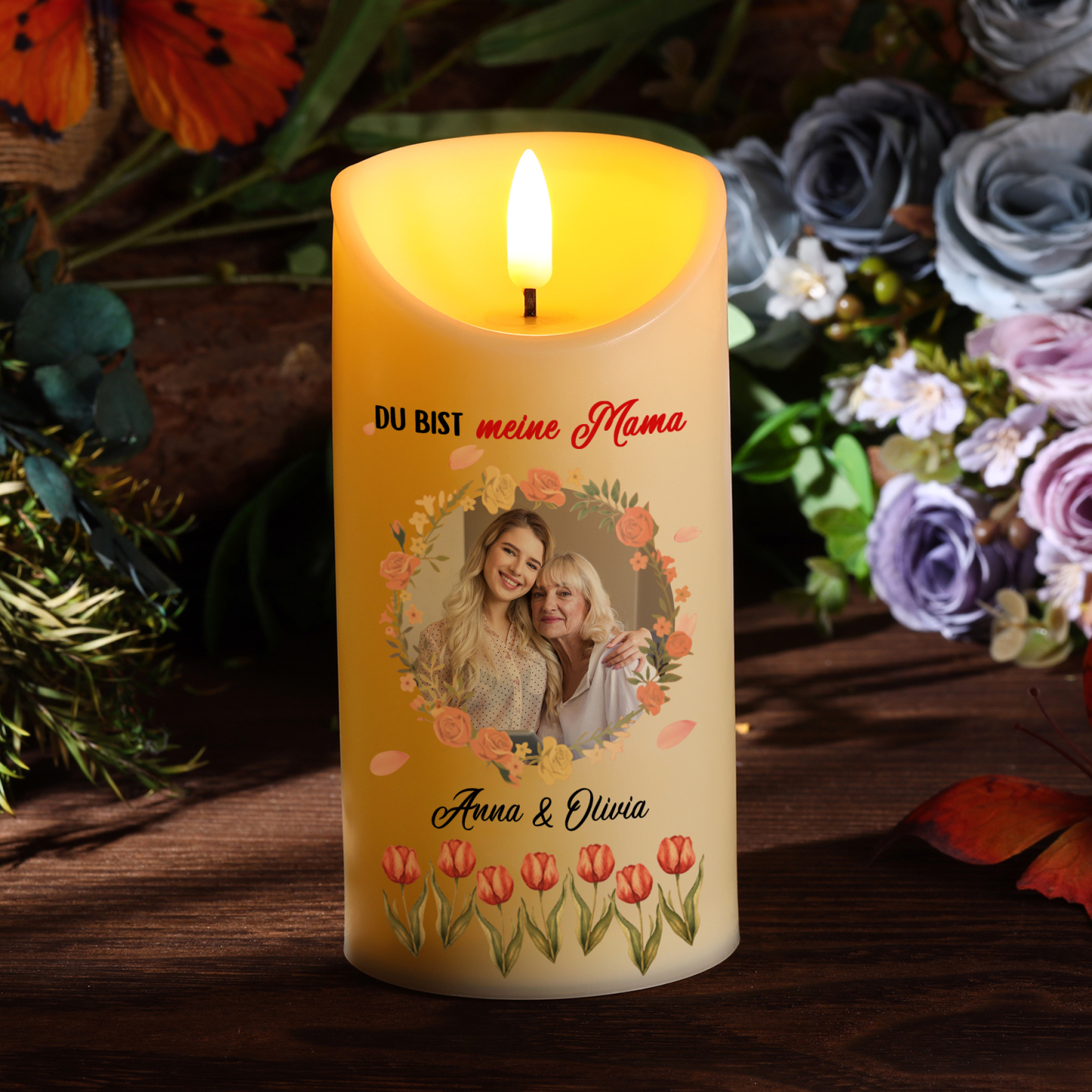 Personalisierbare LED-Kerze mit 2 Namen & Foto- Du bist meine Mama- Geschenk für Mama