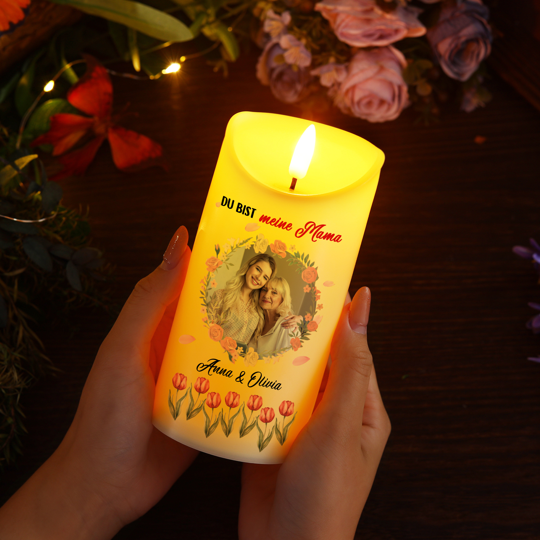 Personalisierbare LED-Kerze mit 2 Namen & Foto- Du bist meine Mama- Geschenk für Mama