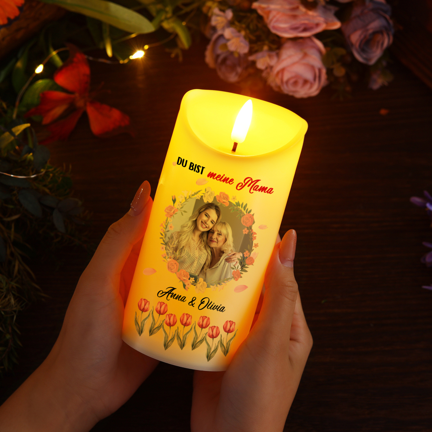 Personalisierbare LED-Kerze mit 2 Namen & Foto- Du bist meine Mama- Geschenk für Mama