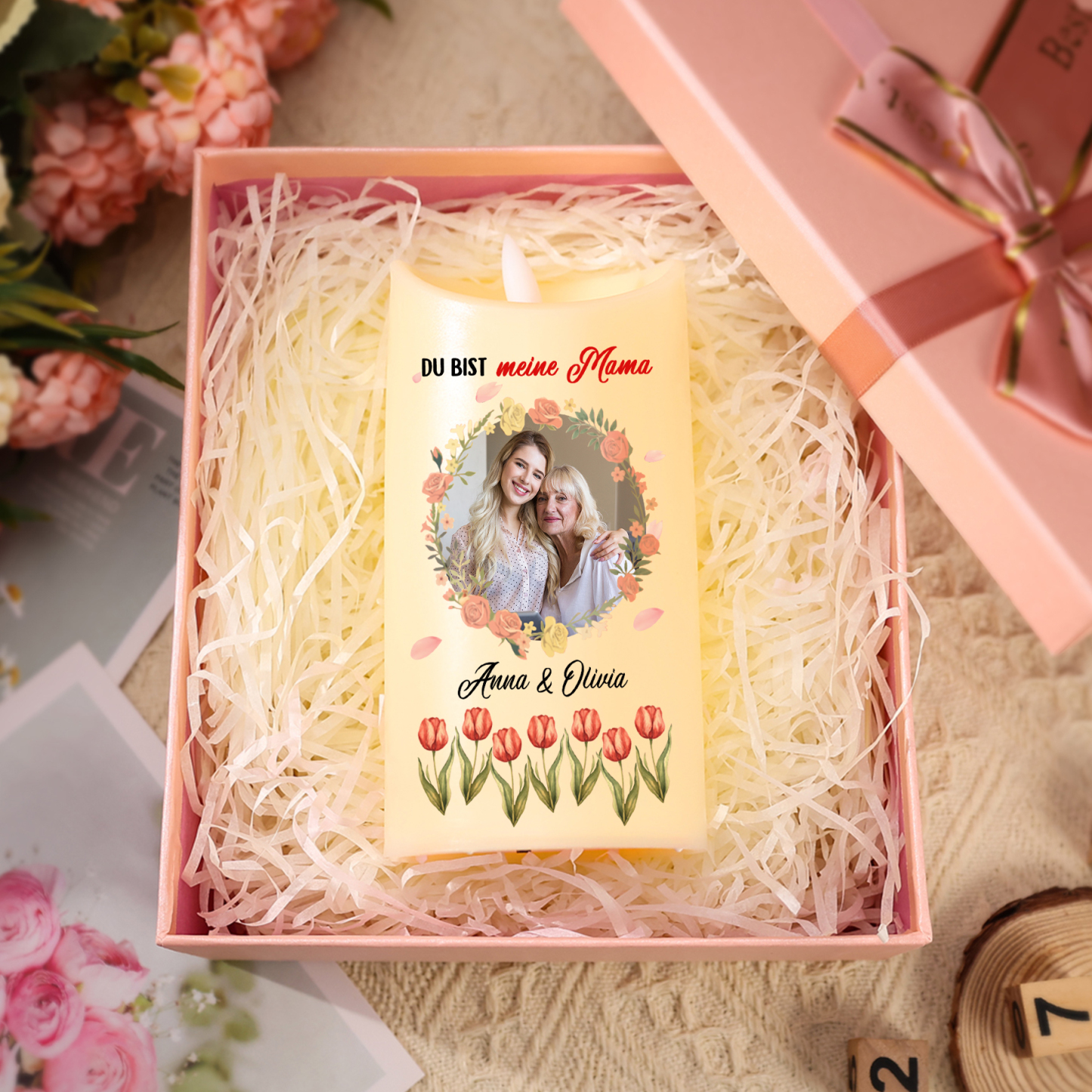 Personalisierbare LED-Kerze mit 2 Namen & Foto- Du bist meine Mama- Geschenk für Mama