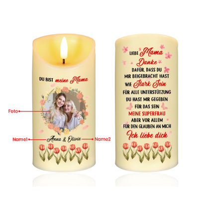 Personalisierbare LED-Kerze mit 2 Namen & Foto- Du bist meine Mama- Geschenk für Mama