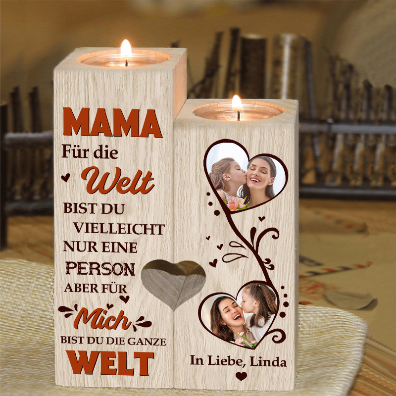 Personalisierbarer 2 Fotos & 1 Text an MAMA Kerzenhalter - Für mich bist du die ganze Welt