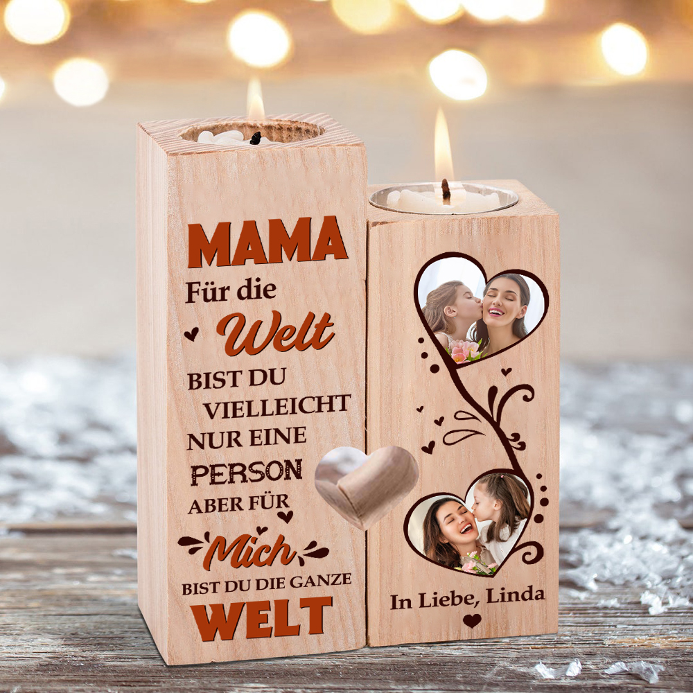 Personalisierbarer 2 Fotos & 1 Text an MAMA Kerzenhalter - Für mich bist du die ganze Welt
