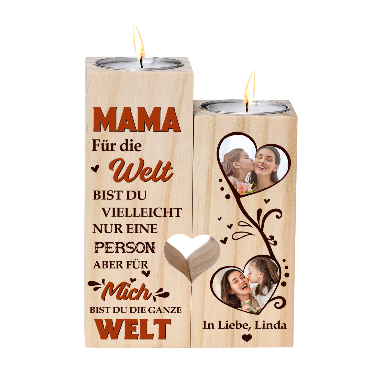 Personalisierbarer 2 Fotos & 1 Text an MAMA Kerzenhalter - Für mich bist du die ganze Welt