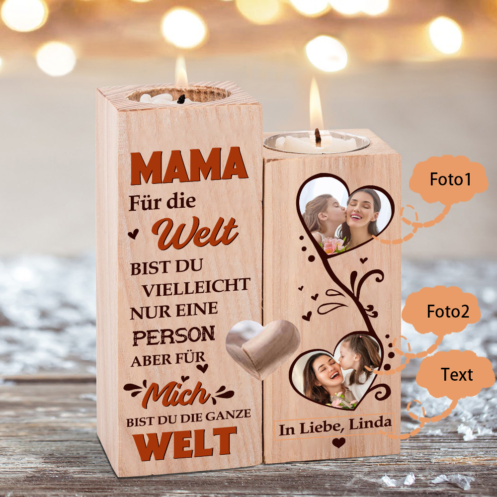 Personalisierbarer 2 Fotos & 1 Text an MAMA Kerzenhalter - Für mich bist du die ganze Welt